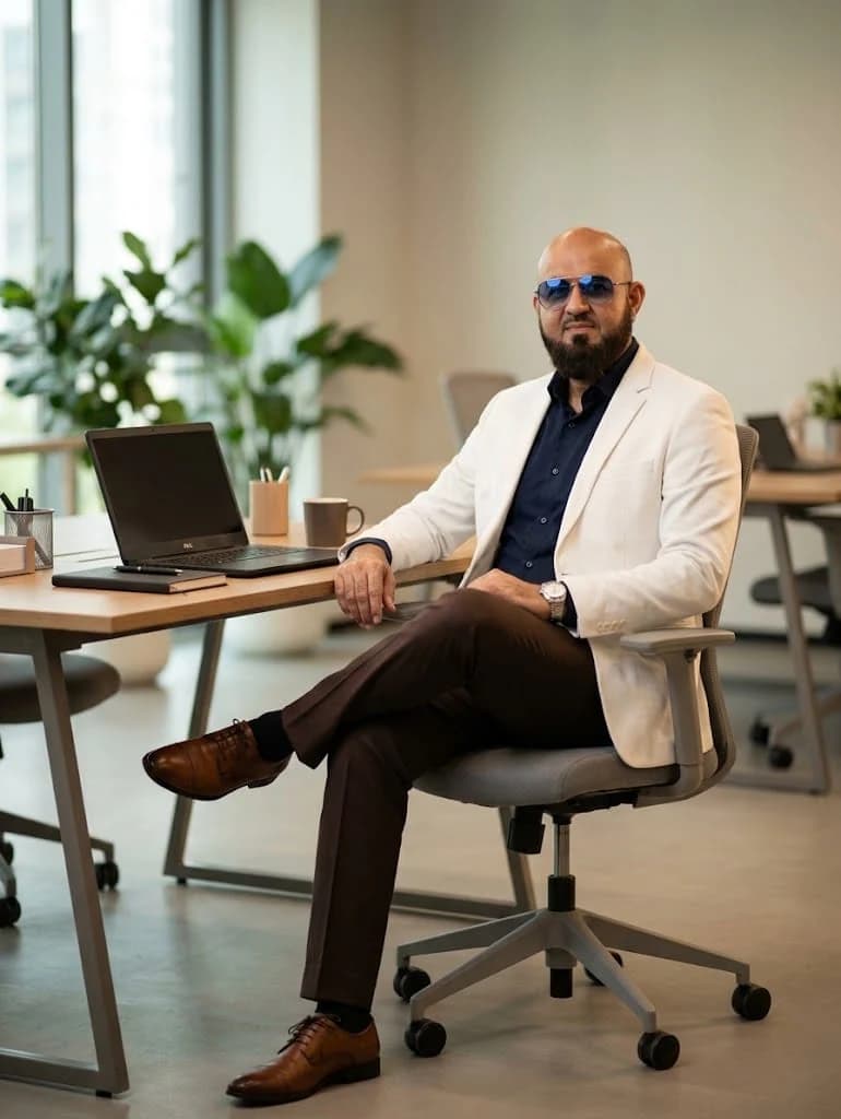 Humayun seated at a desk in an office.